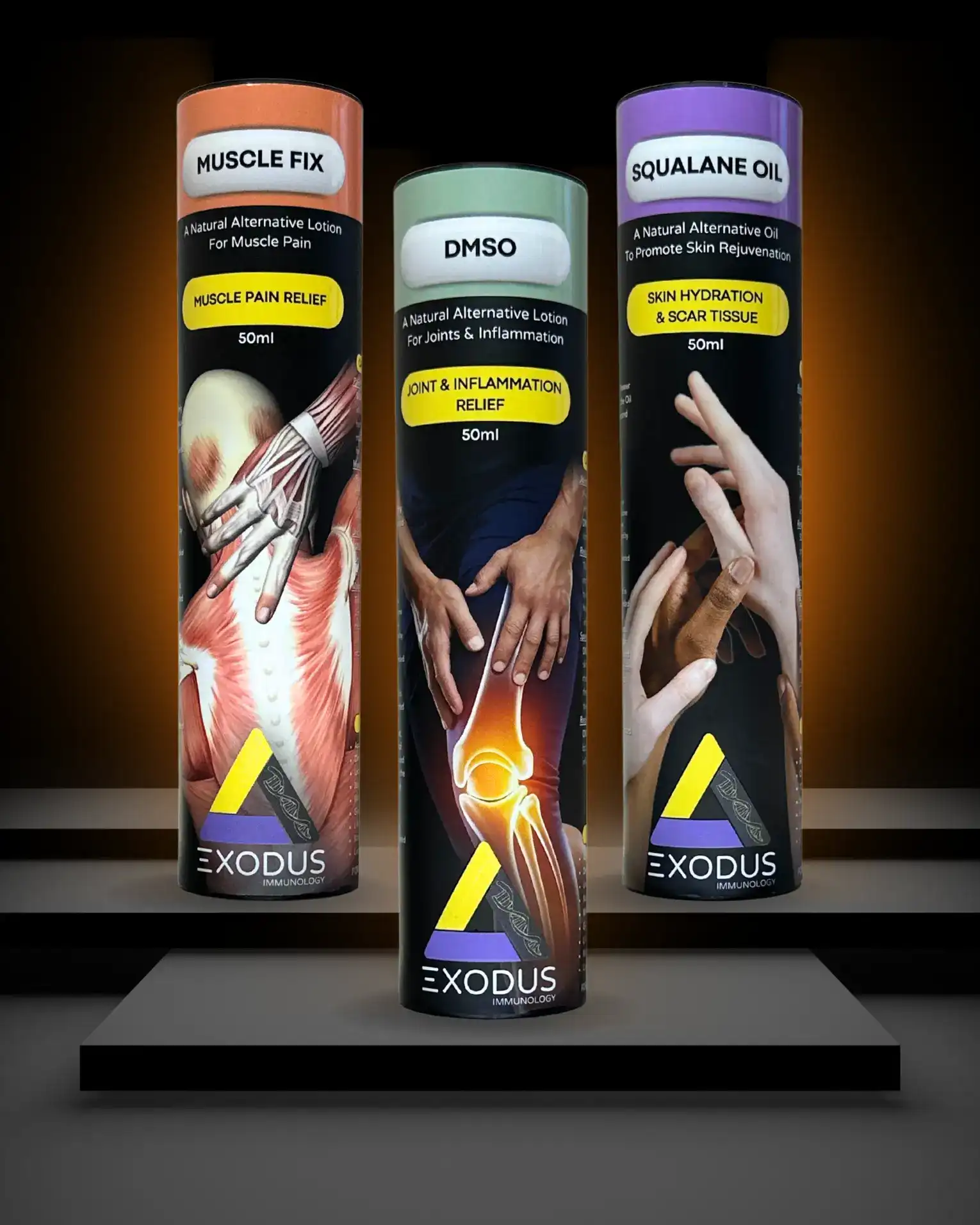 Muscle Fix, DMSO and Squalane Oil products by Exodus Immunology