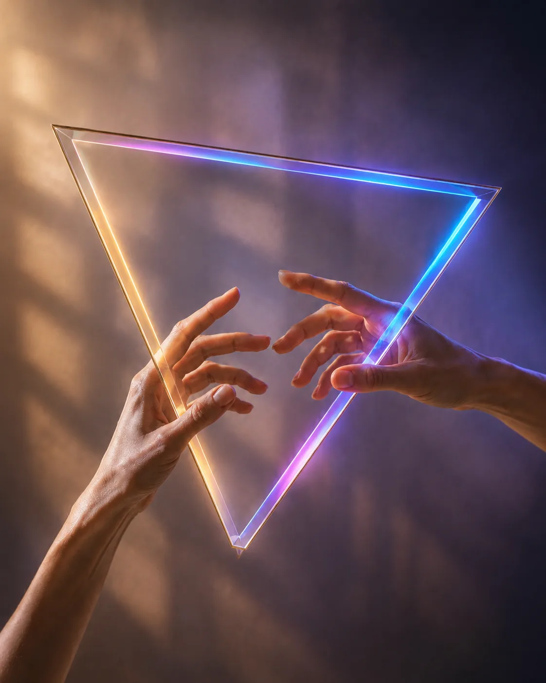Two hands reaching toward each other through an illuminated glass triangle