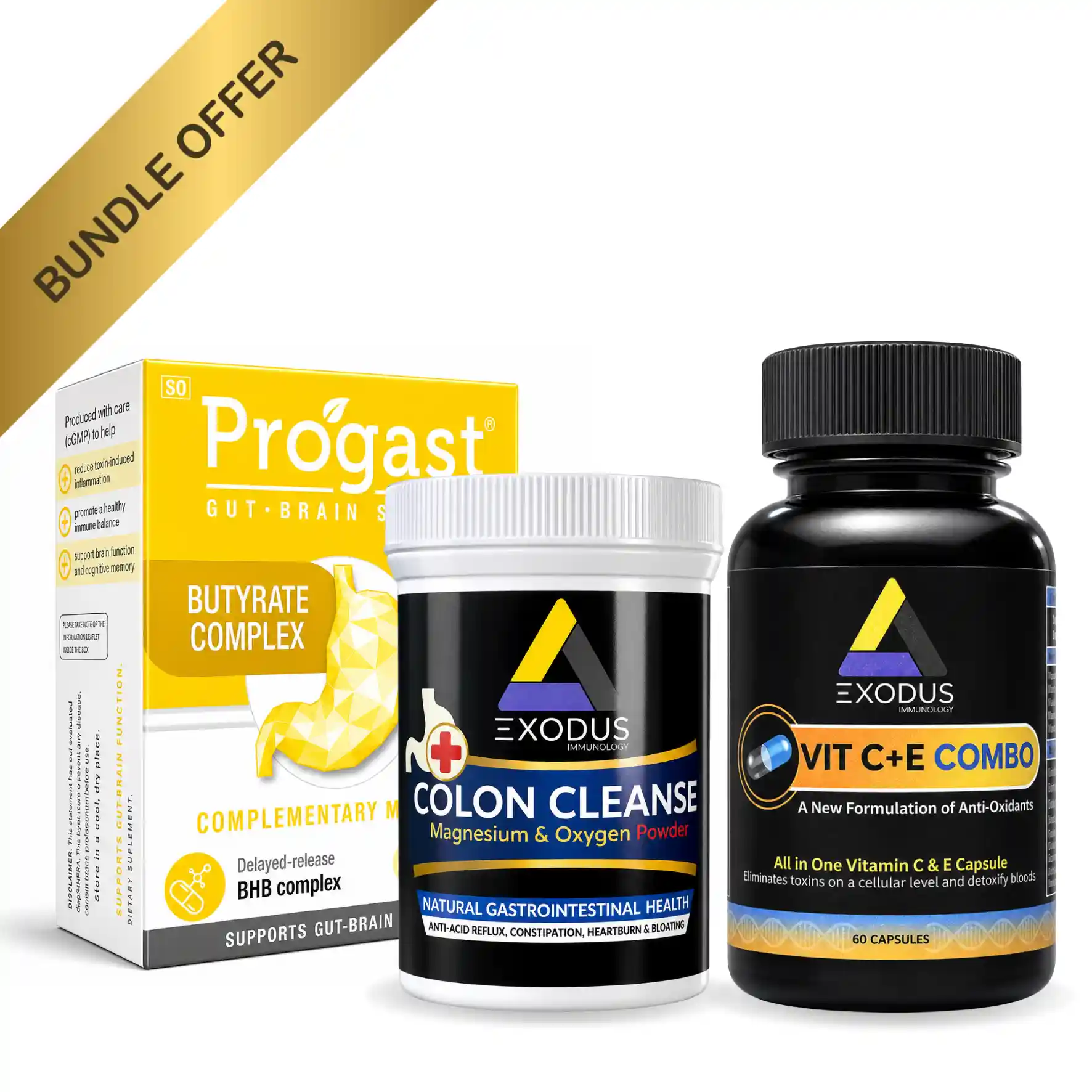 Exodus Immunology Digestive Reset System bundle with Progast Butyrate Complex, Colon Cleanse and Vit C+E Combo