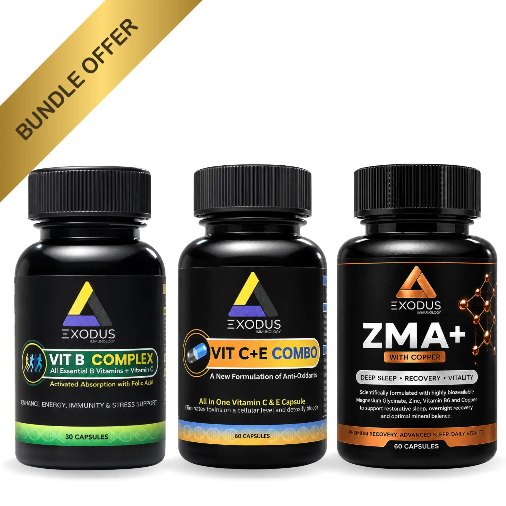 Exodus Immunology Immune Guard Defence System with Vit B Complex, VIT C+E COMBO and ZMA+ with Copper