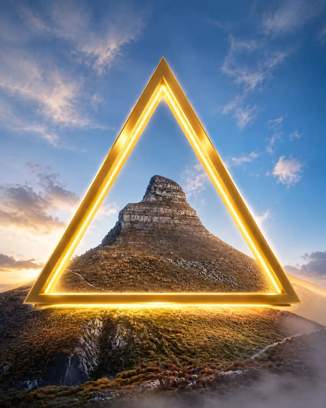Lion’s Head framed by a blue-violet neon triangle representing Exodus Immunology