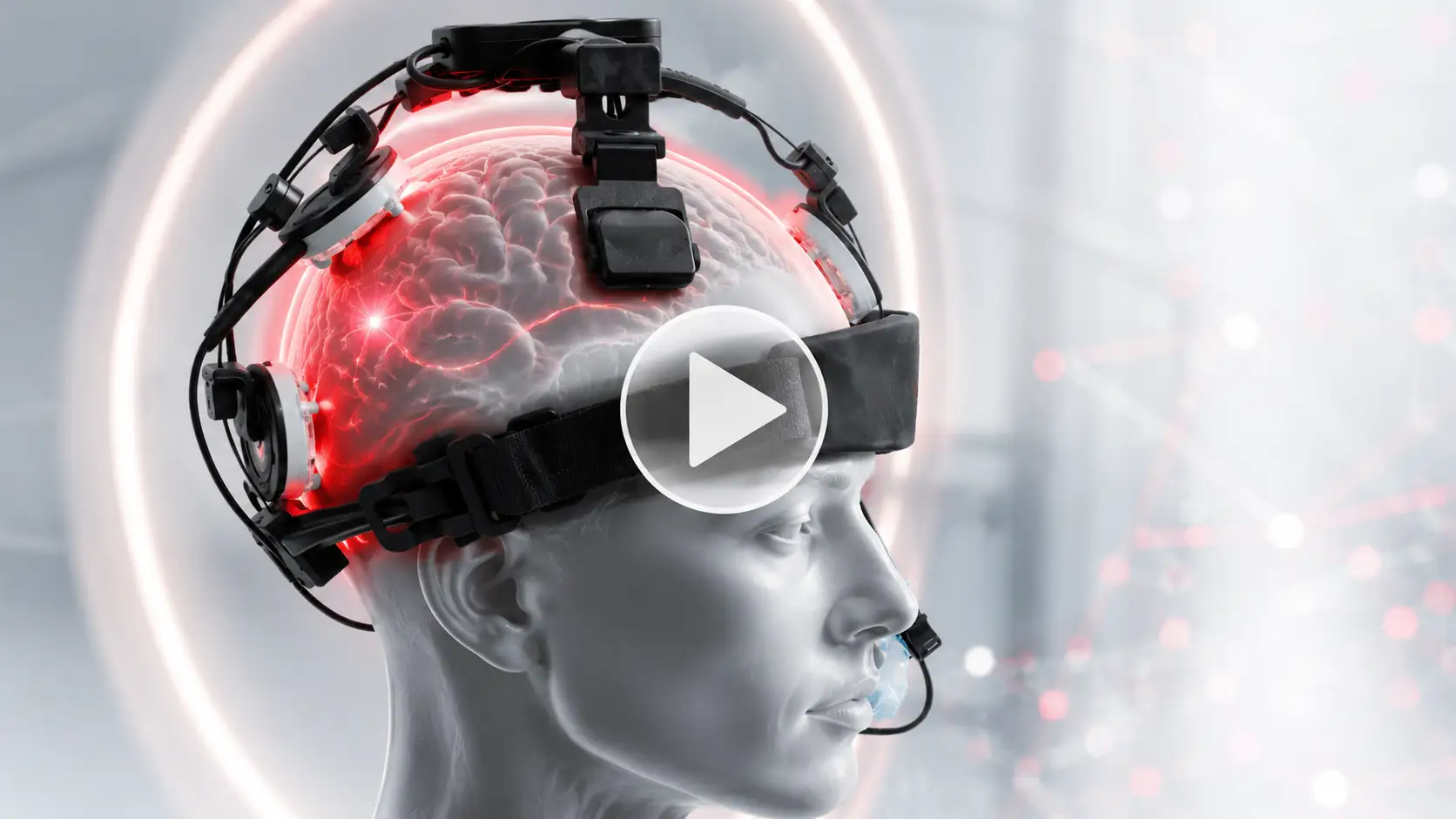 VieLight photobiomodulation device with illuminated brain visual and play button overlay