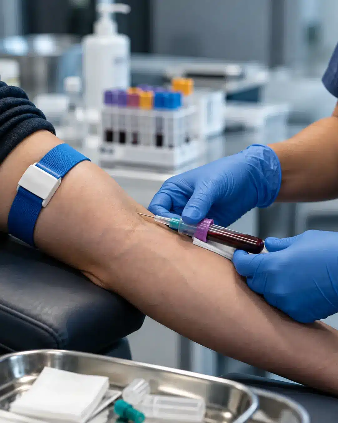 Professional blood collection procedure in a clinical setting for pathology testing at Exodus Immunology