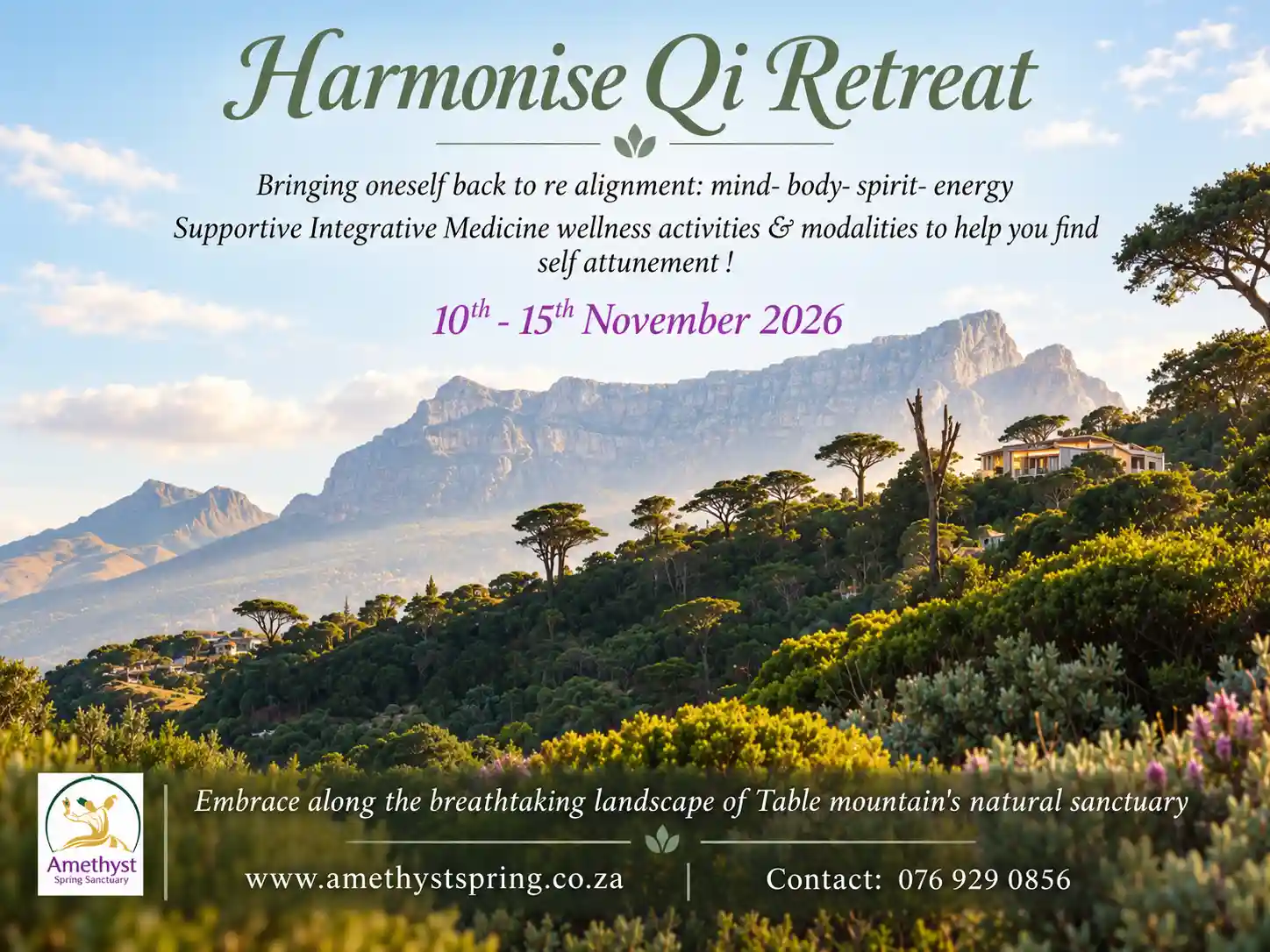 Harmonise Qi Retreat Cape Town – November 2026 Harmonise Qi Retreat at Amethyst Spring Sanctuary in Cape Town, 10–15 November 2026.