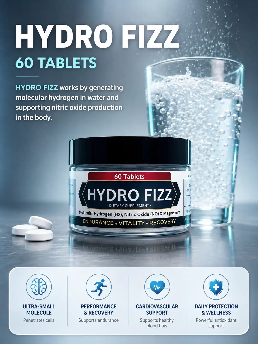 Exodus Immunology Hydro Fizz 60 molecular hydrogen tablets with cardiovascular, antioxidant and recovery support