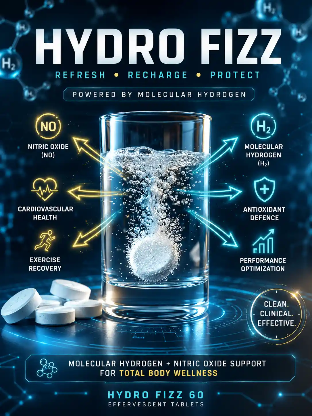 Exodus Immunology Hydro Fizz 60 molecular hydrogen effervescent tablets with nitric oxide support for cellular wellness