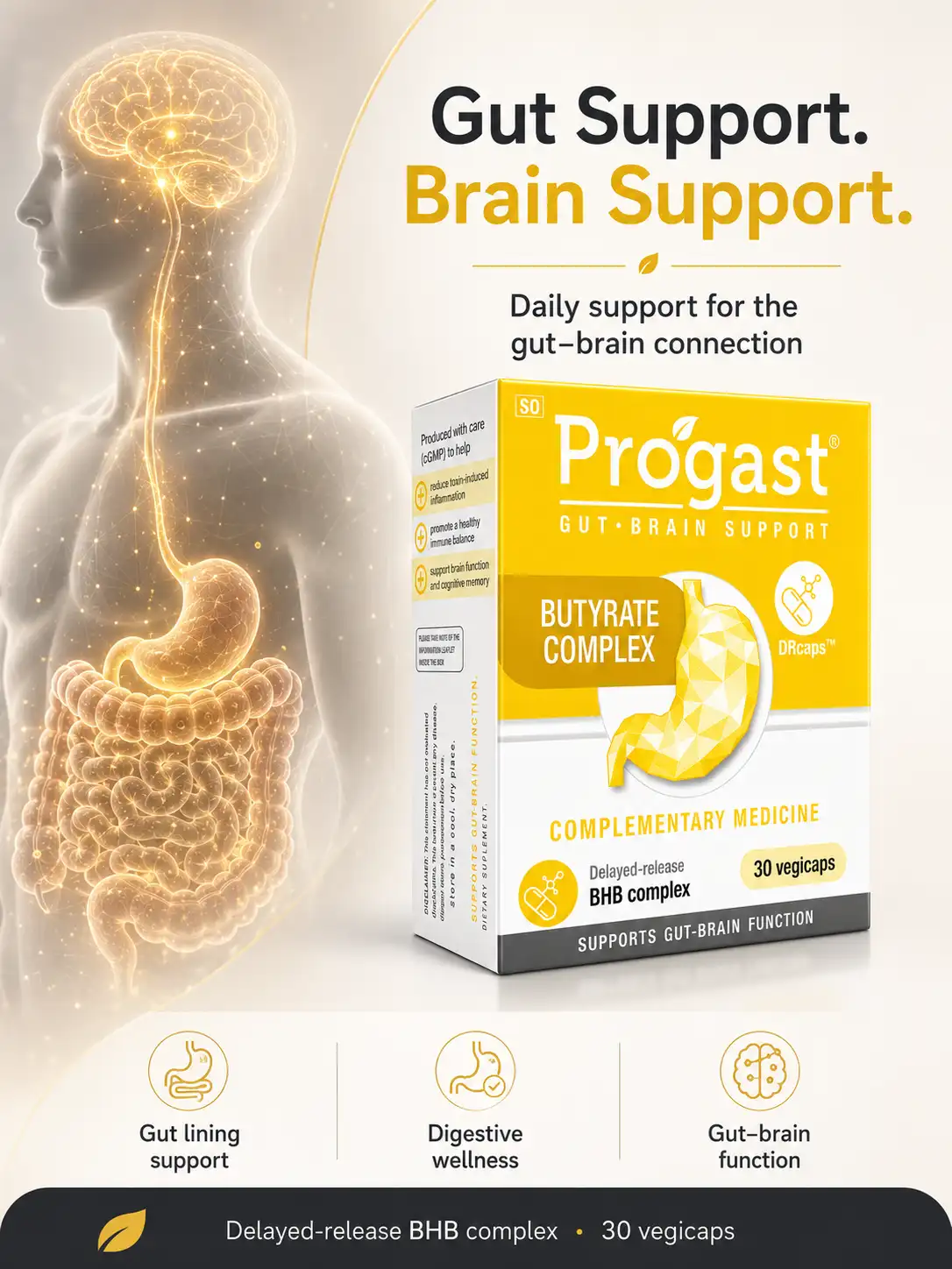Progast™ Butyrate Complex gut-brain support supplement with gut lining support, digestive wellness and delayed-release BHB complex
