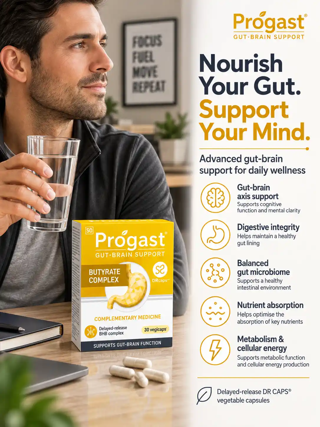 Progast™ Butyrate Complex gut-brain support supplement with digestive integrity, microbiome balance, nutrient absorption and delayed-release BHB complex